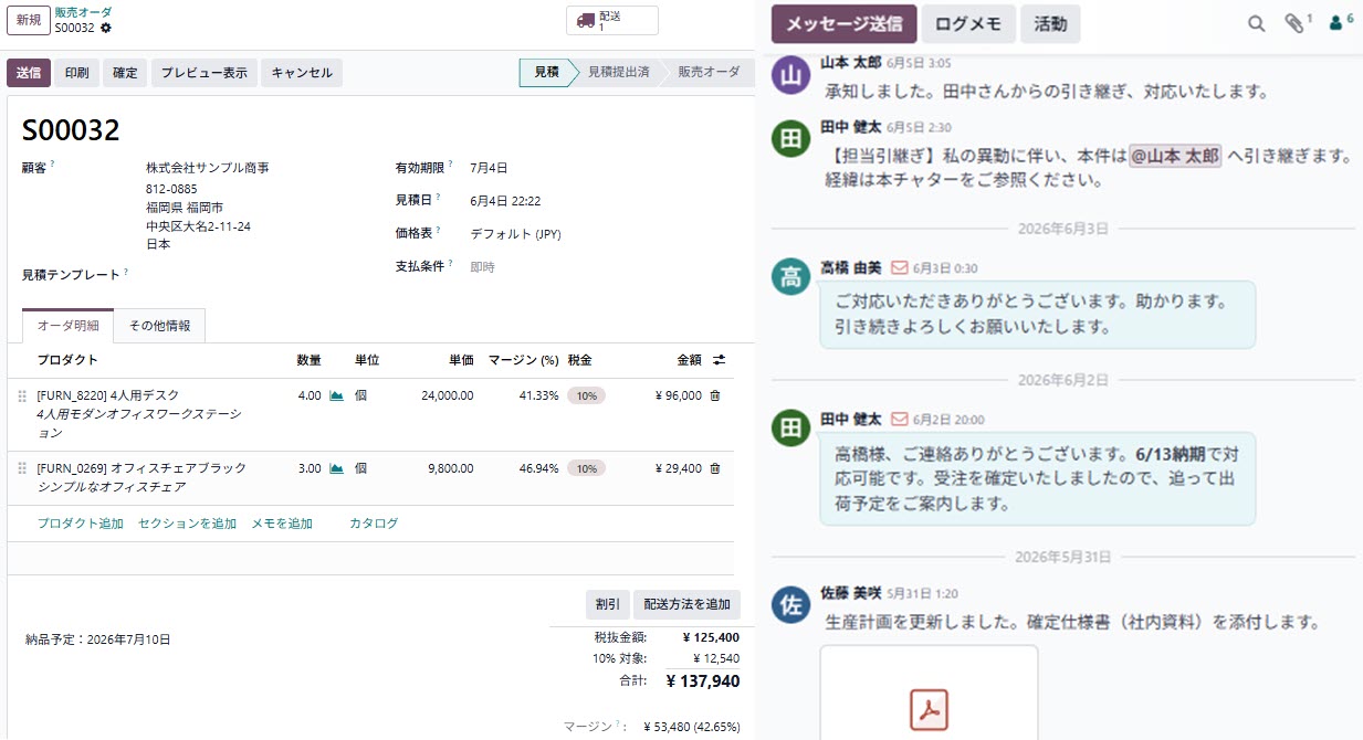 A sales order and team chatter in a Japanese Odoo screen