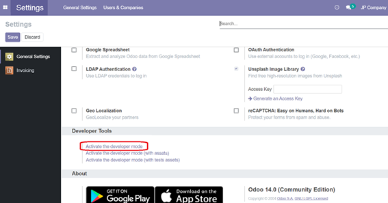 一般設定画面の「Developer Tools」欄で「Activate the developer mode」を赤枠で示した画面