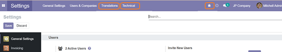 開発者モード有効化後の管理設定画面。「Translations」「Technical」メニューとデバッグ用アイコンが現れている