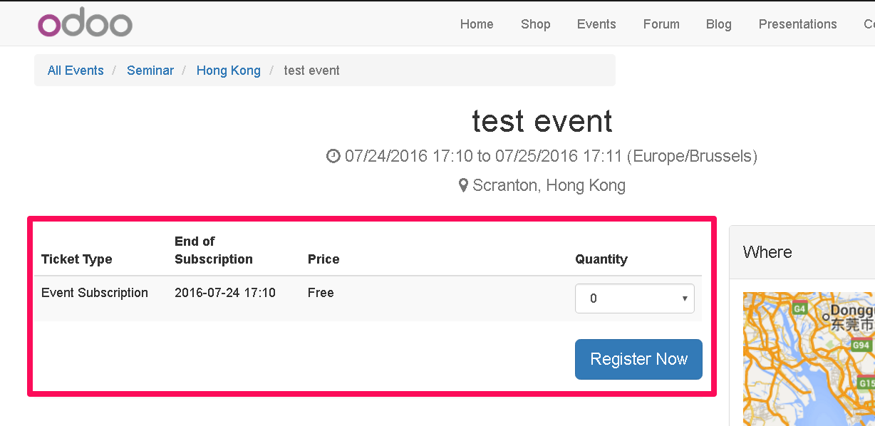 The event page as it comes as standard, with the registration form always shown