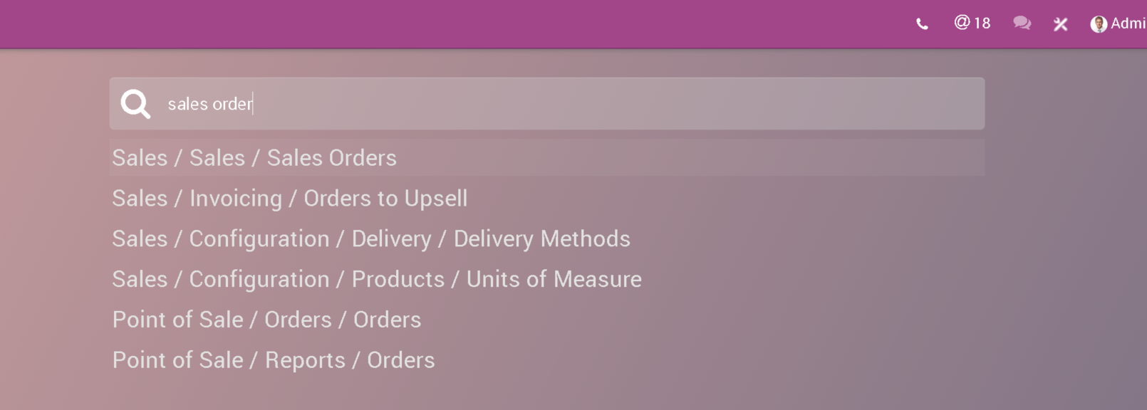 Quick search: typing "sales order" lists the menus that match