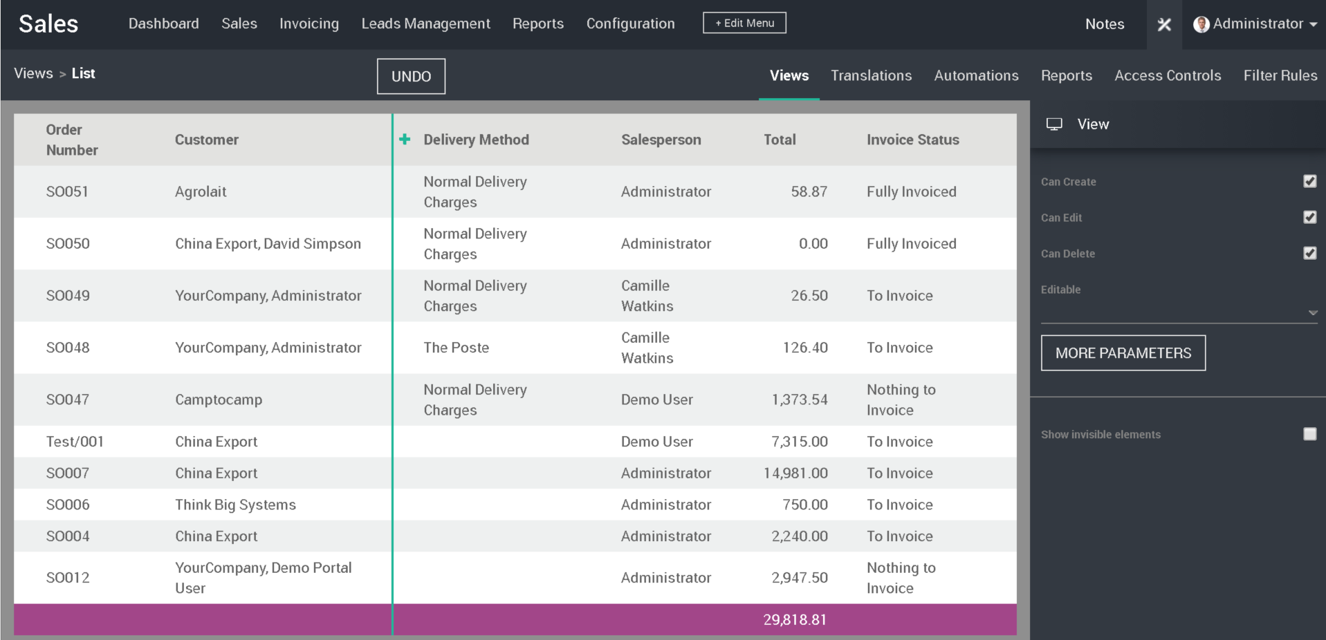 Editing the sales order list view in Odoo Studio