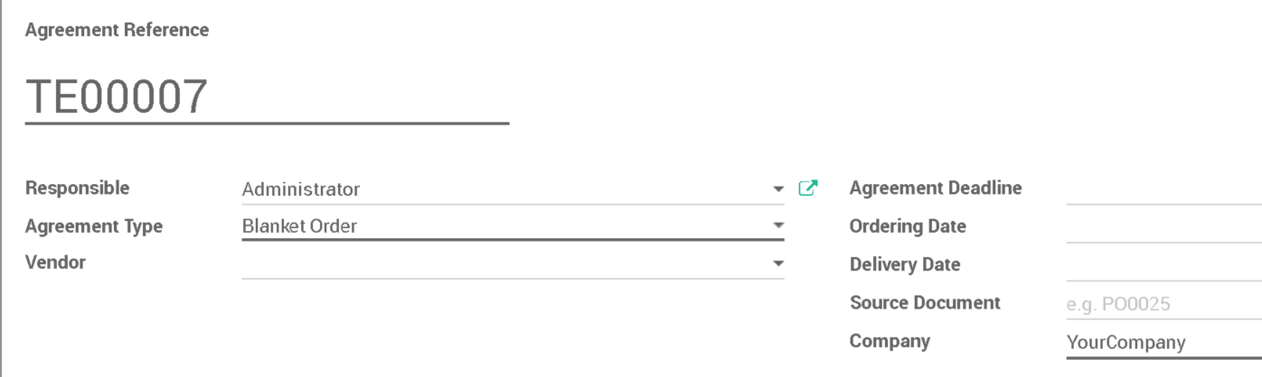 A purchase agreement form, with the agreement type set to Blanket Order