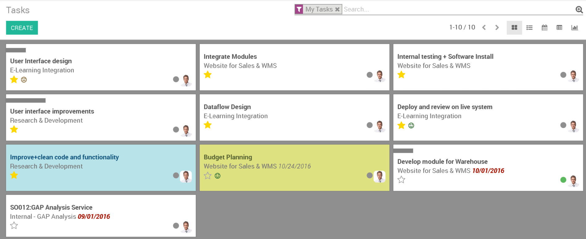 Project tasks in the kanban view, with rating stars and faces