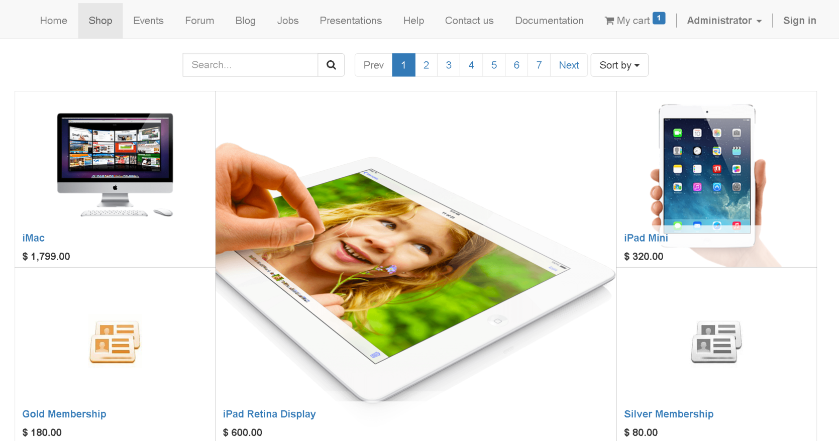 The eCommerce shop page, with product images shown at different sizes