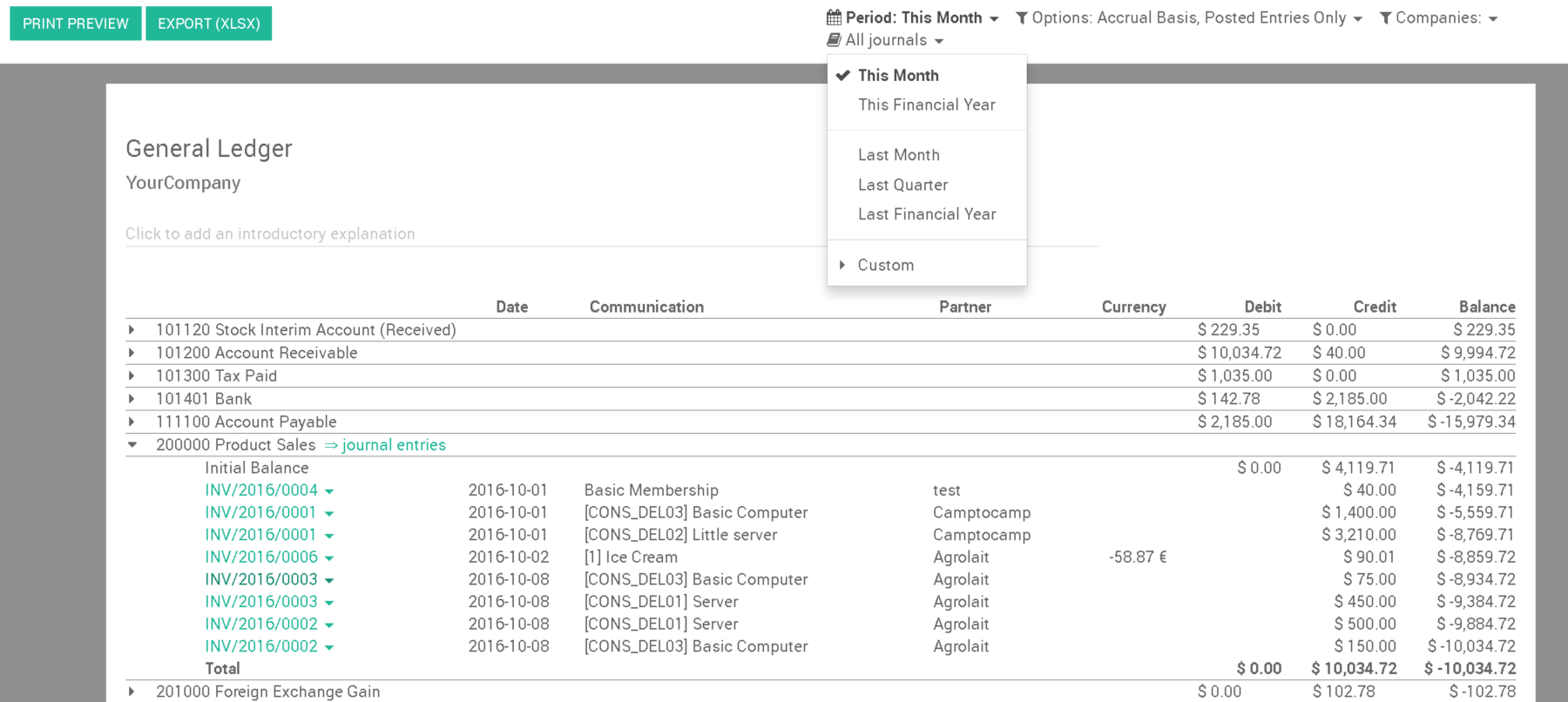 The general ledger report, its period menu open and an XLSX export button above