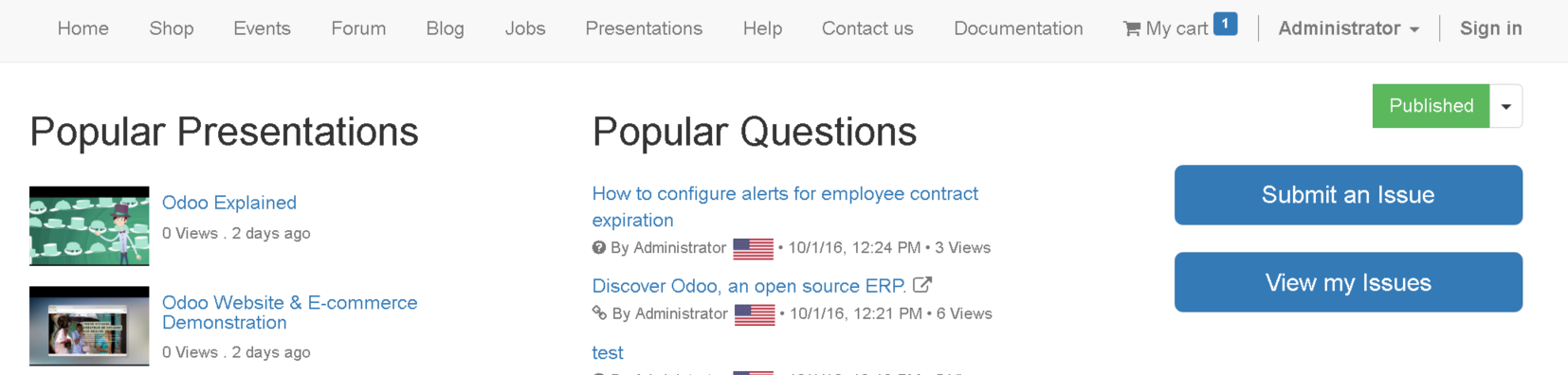 The website front end: popular presentations, popular questions, and buttons for raising an issue