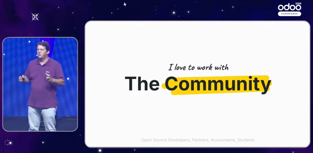 Odoo Experience 2026の講演で「I love to work with The Community」と話すFabien
