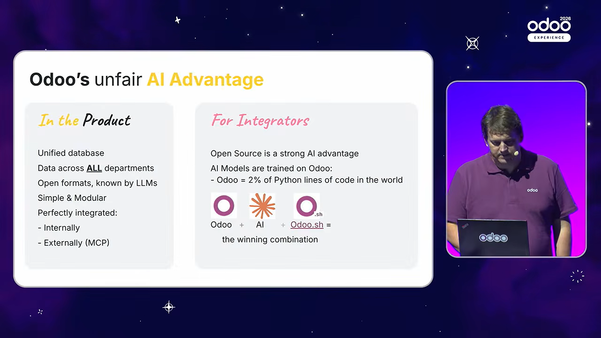講演スライド「Odoo's unfair AI Advantage」:プロダクトとインテグレーターにとってのAIの強み